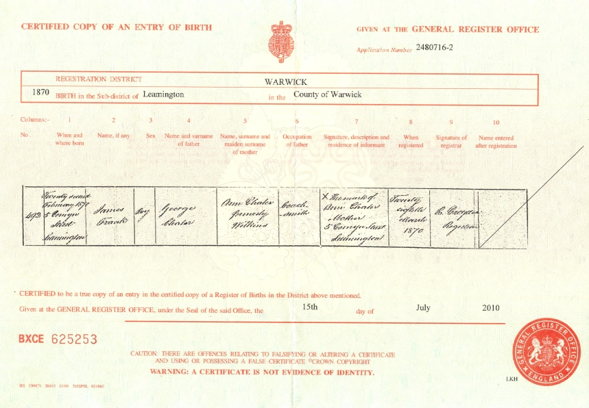 Certificate of Birth: James Frank Chater (b.1870)